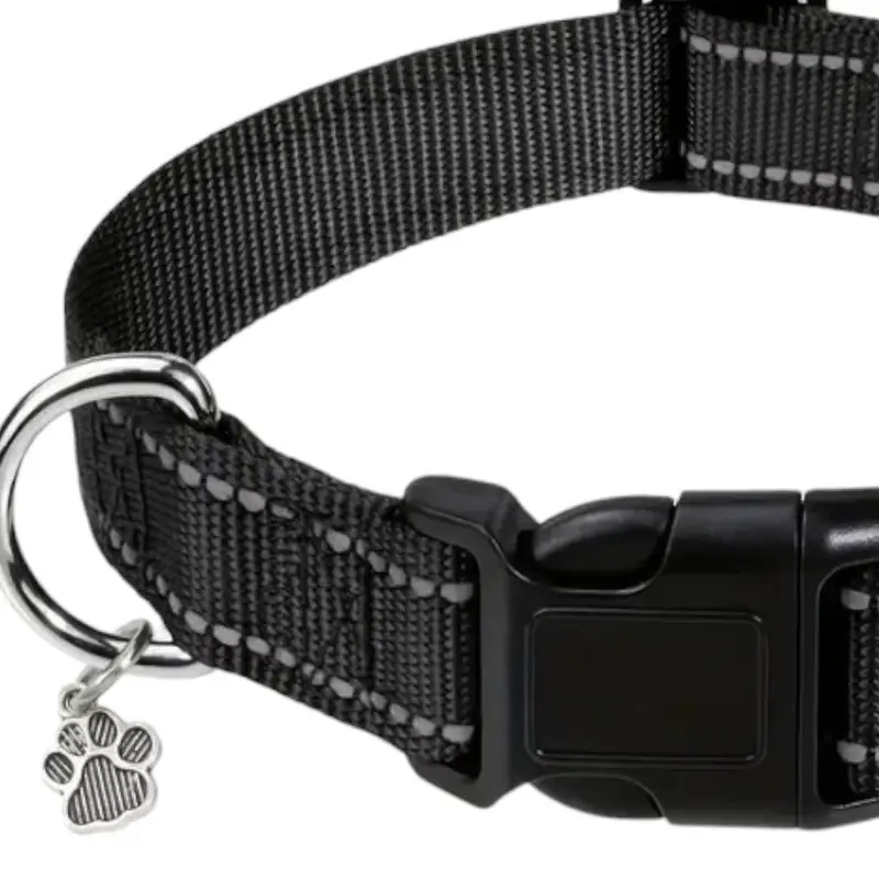 Nylon strong dog Collar with reflective stripes & pendant (Black), photo 3