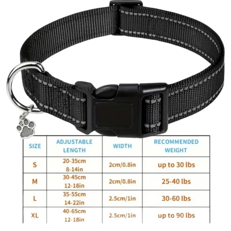 Nylon strong dog Collar with reflective stripes & pendant (Black), photo 2