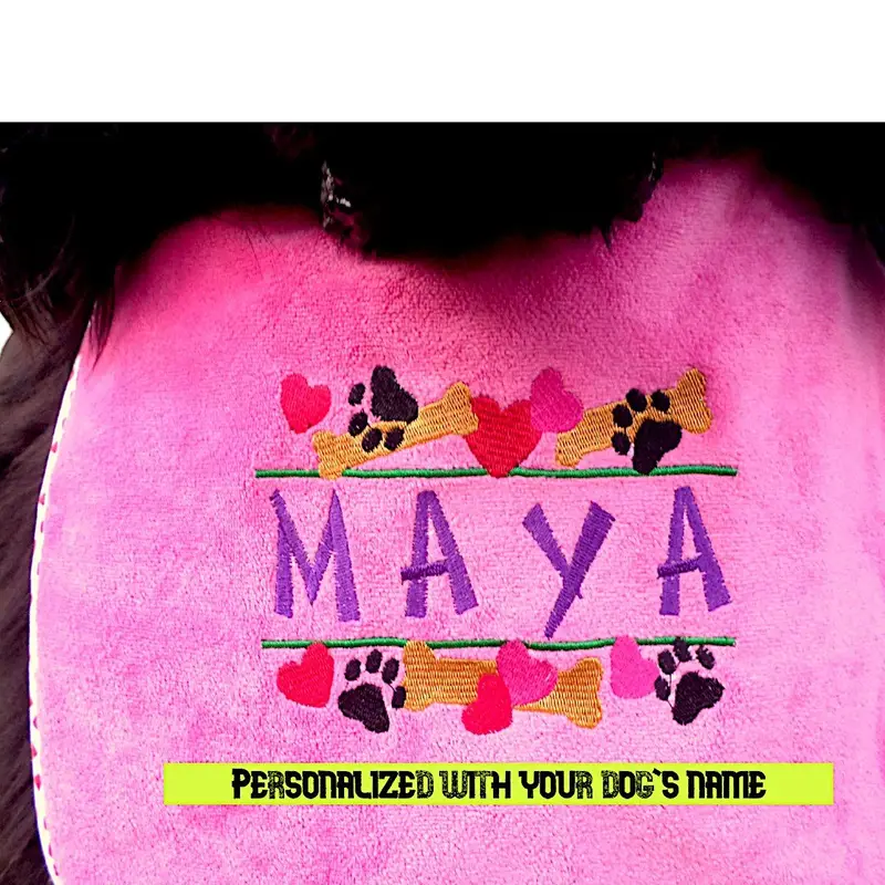 Heart, paw & bone stylish border dog bib with personalised name: bone hearts border