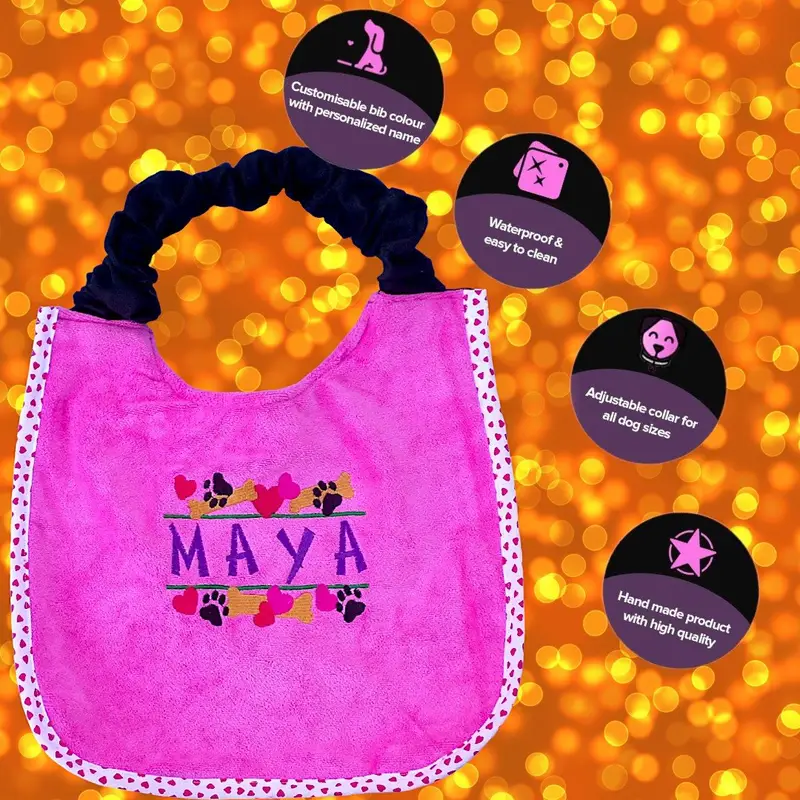 Heart, paw & bone stylish border dog bib with personalised name: bone hearts border