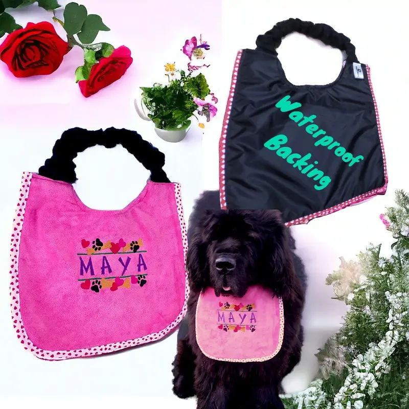 Heart, paw & bone stylish border dog bib with personalised name: bone hearts border