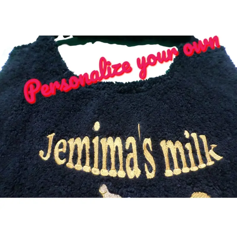 Milk bottle with dog’s name bib: jemima milk