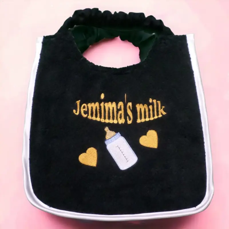 Milk bottle with dog’s name bib: jemima milk
