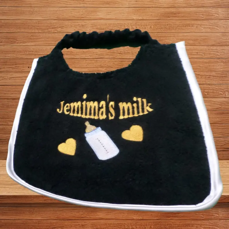 Milk bottle with dog’s name bib: jemima milk