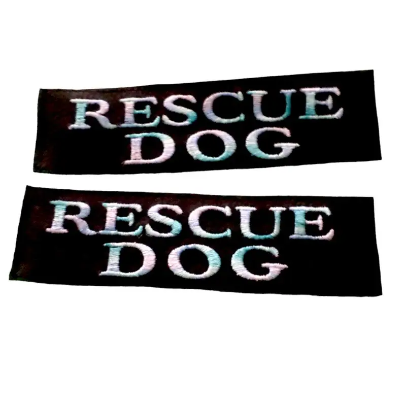 Personalised dog harness labels: labels rescue dog x2