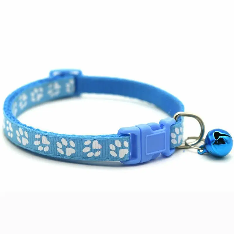 Paw print pets collar with bell: light blue