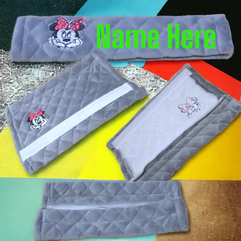 Cartoon Mouse with Bow Embroidered Personalised Seat Belt Covers (Pair): minnie