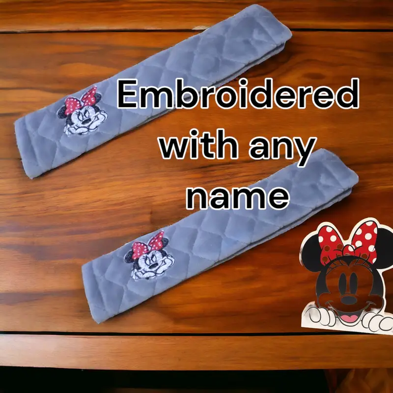 Cartoon Mouse with Bow Embroidered Personalised Seat Belt Covers (Pair): minnie