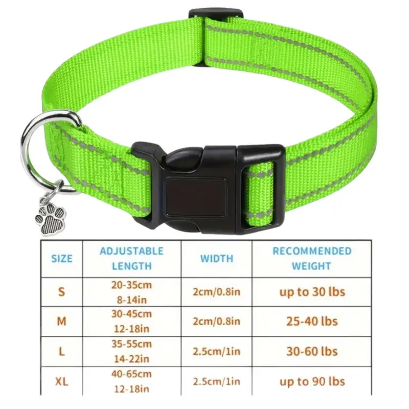 Nylon Strong Dog Collar with reflective stripes & pendant (Neon Green), photo 3