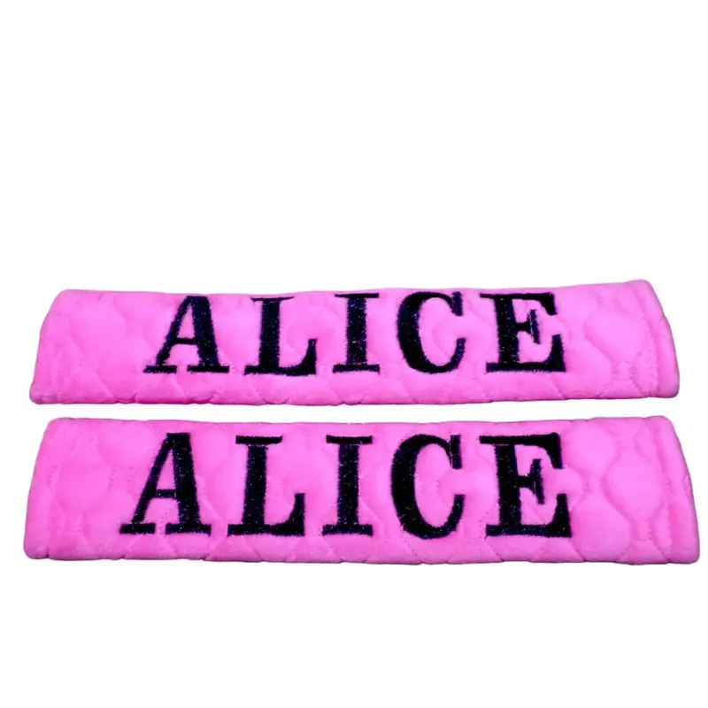 Personalised car seat belt covers with name embroidered: pink alice