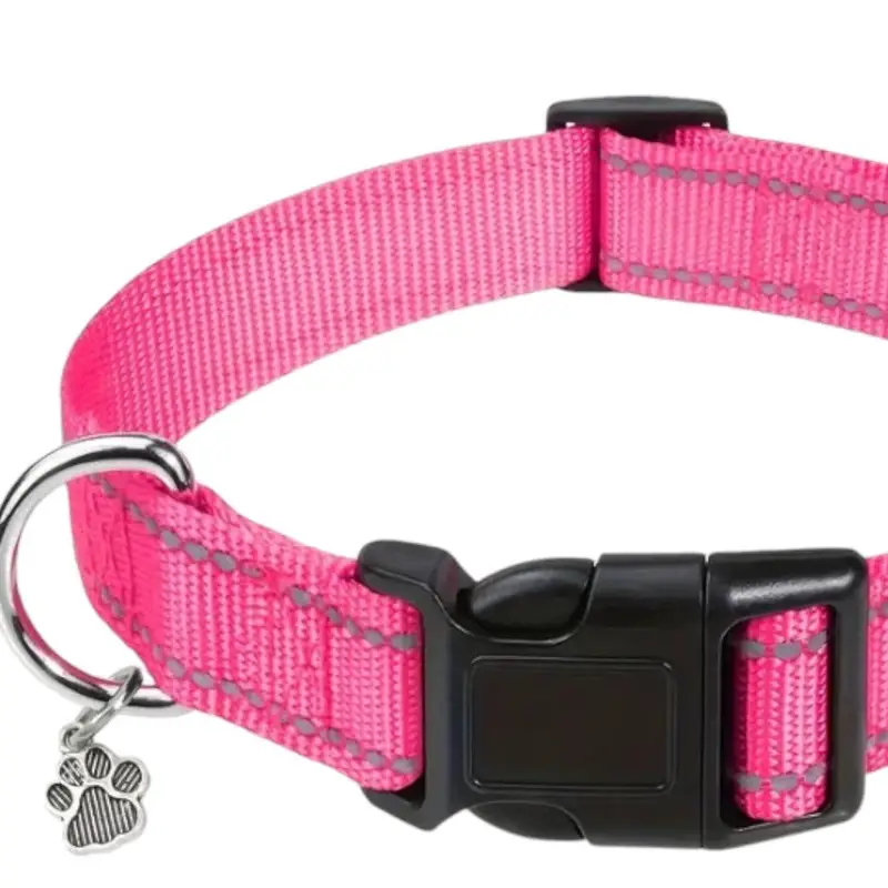 Nylon Strong Dog Collar with reflective stripes & pendant (Pink), photo 2