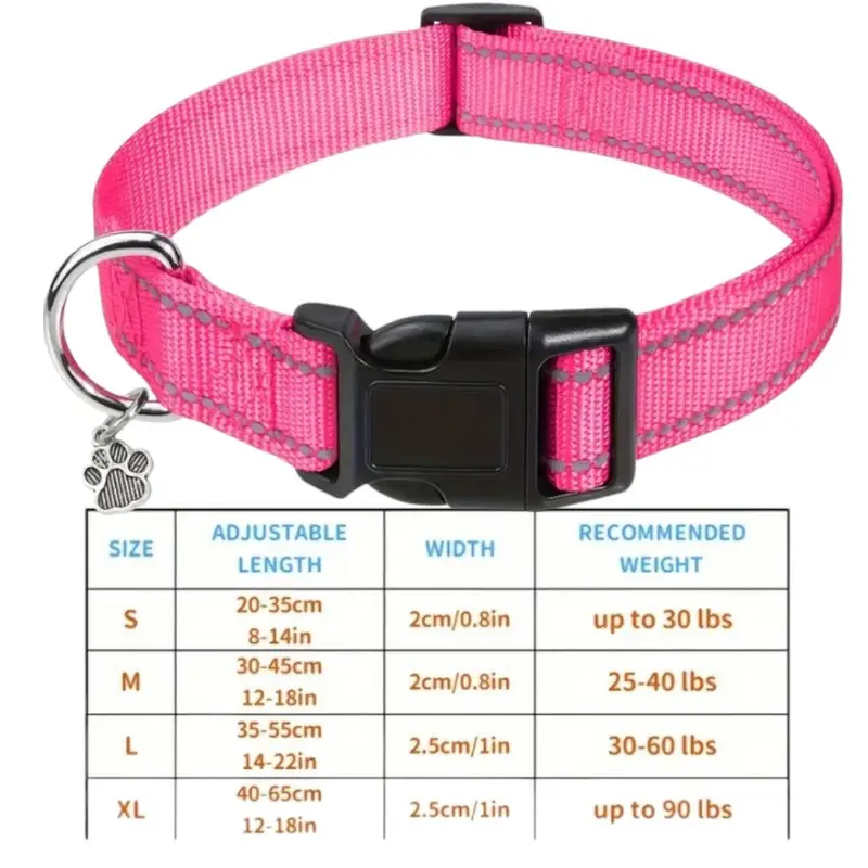Nylon Strong Dog Collar with reflective stripes & pendant (Pink), photo 3