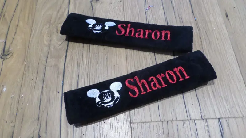 Cartoon Mouse Embroidered Personalised Seat Belt Covers (Pair): sam