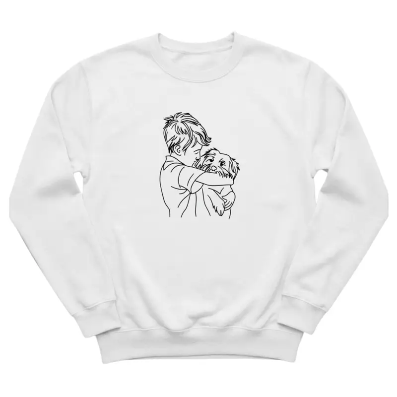 Personalised Boy Hugging Dog Sweatshirt: boy hugging dog white