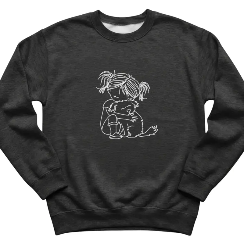 Personalised Girl Hugging Dog Sweatshirt: girl hugging dark grey
