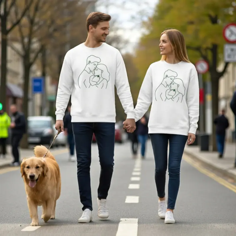 Couple Hugging Dog Sweatshirt: man and woman hug dog