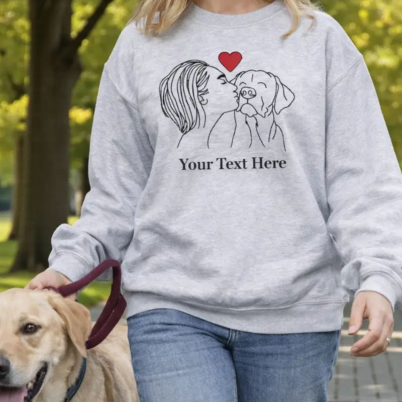 Embroidered Dog Lover Jumper: woman kissing dog