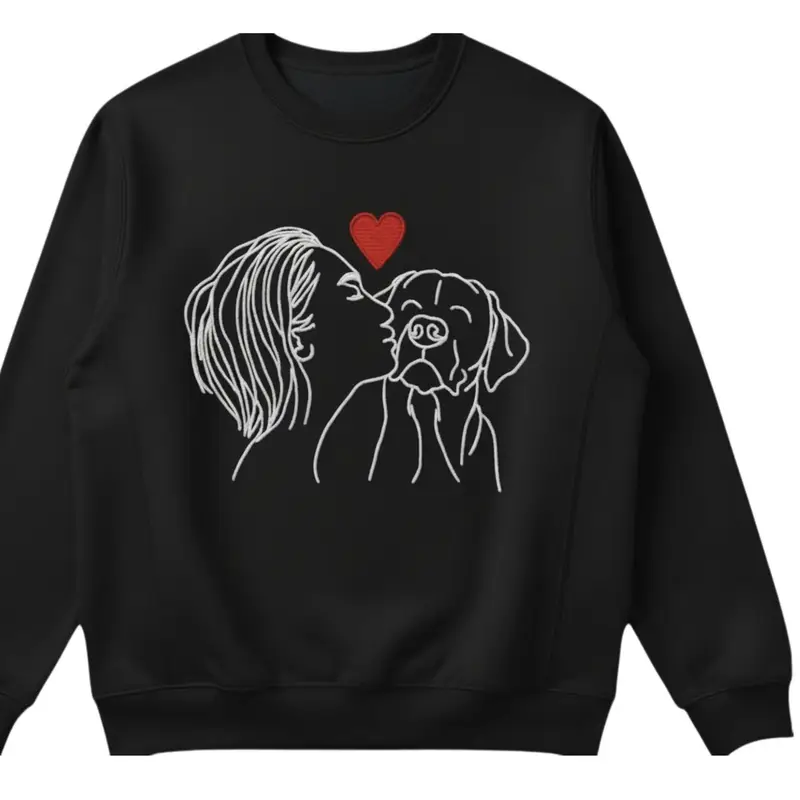 Embroidered Dog Lover Jumper: woman kissing dog blk