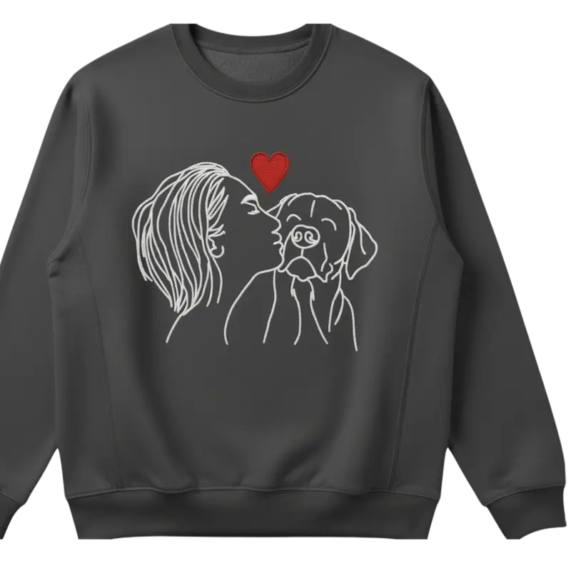 Embroidered Dog Lover Jumper: woman kissing dog darkgrey