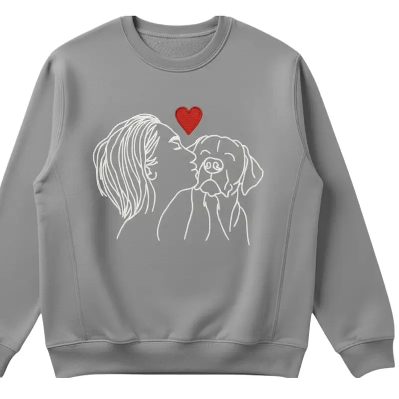 Embroidered Dog Lover Jumper: woman kissing dog grey