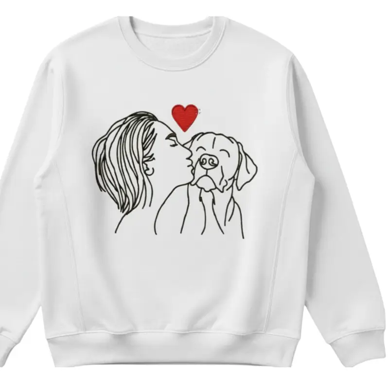 Embroidered Dog Lover Jumper: woman kissing dog wht