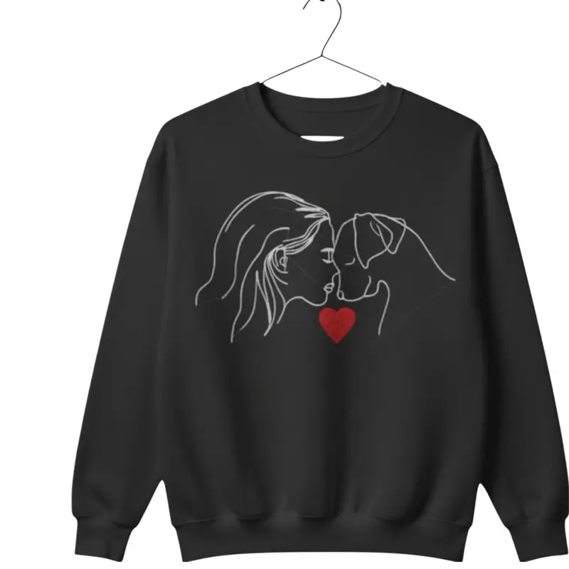 Custom Dog Lover Sweatshirt: woman with dog facing dark grey