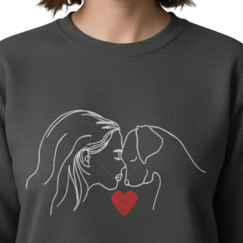 Custom Dog Lover Sweatshirt: woman with dog facing grey