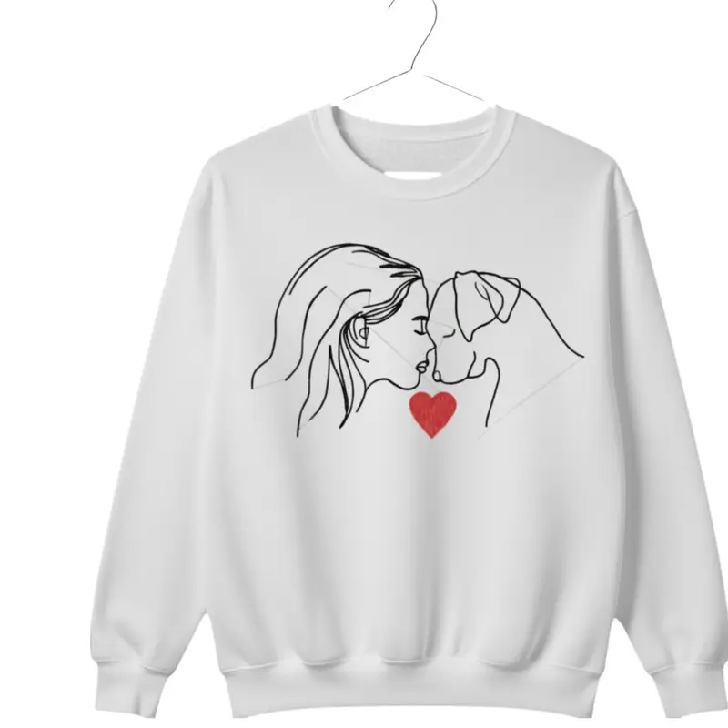 Custom Dog Lover Sweatshirt: woman with dog facing white