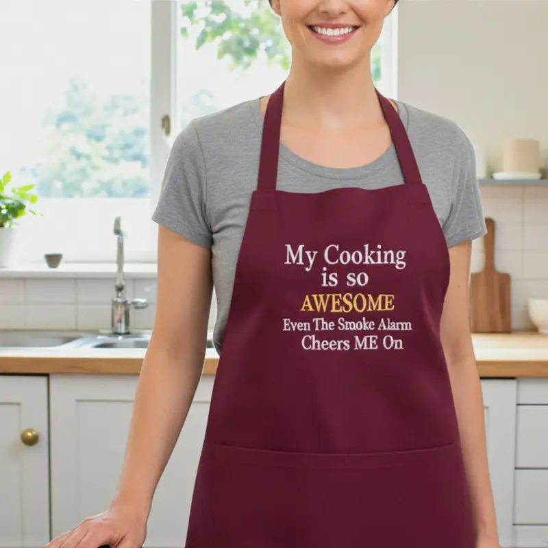 Funny Cooking Apron “My Cooking is So Awesome”: smoke alarm