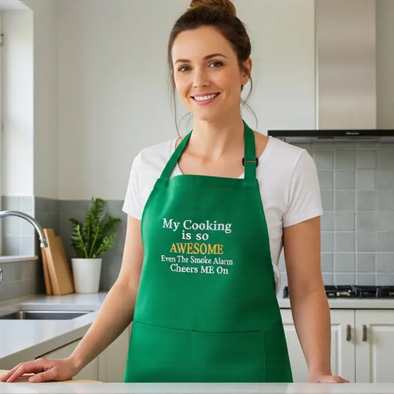 Funny Cooking Apron “My Cooking is So Awesome”: smoke alarm
