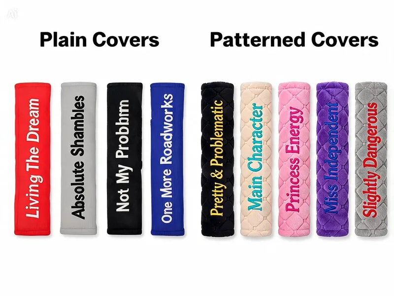 Fun wording seat belt covers in plain and patterned colours, each embroidered with a different phrase