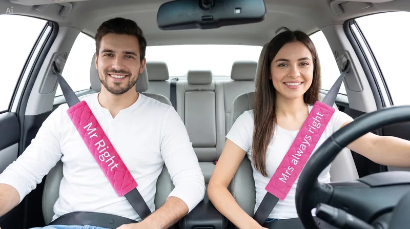 Couple in a car with pink embroidered seat belt covers