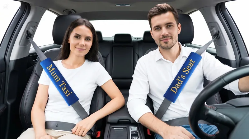 Couple in a car with blue embroidered seat belt covers
