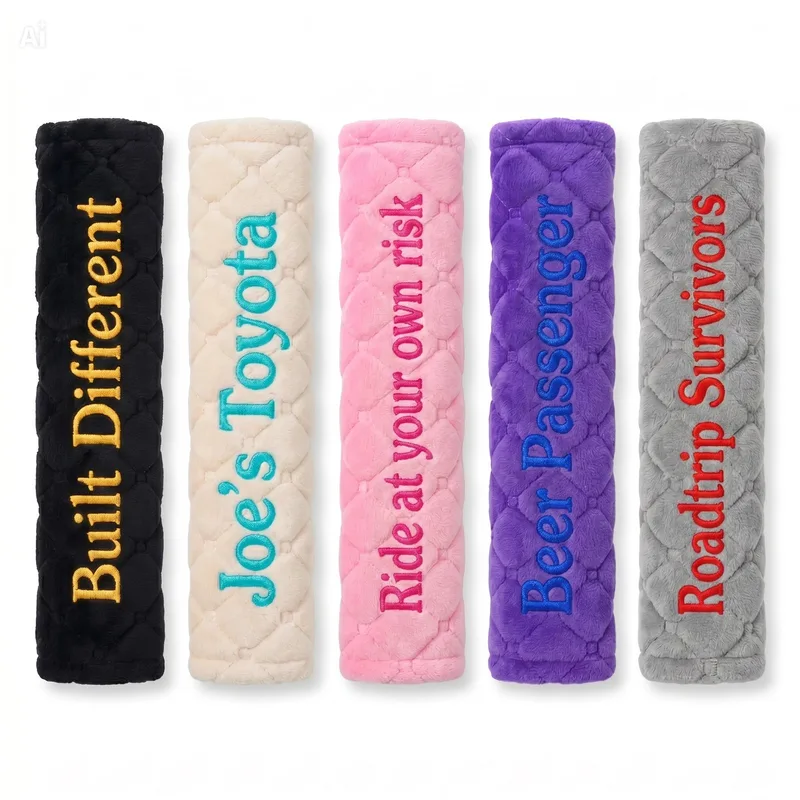 Patterned seat belt covers embroidered with Built Different, Ride At Your Own Risk, Beer Passenger and Roadtrip Survivors