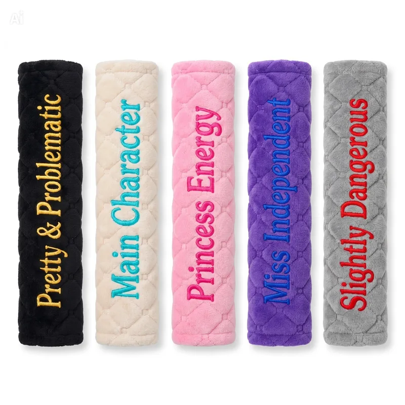 Five patterned seat belt covers embroidered with Pretty & Problematic, Main Character, Princess Energy, Miss Independent and Slightly Dangerous
