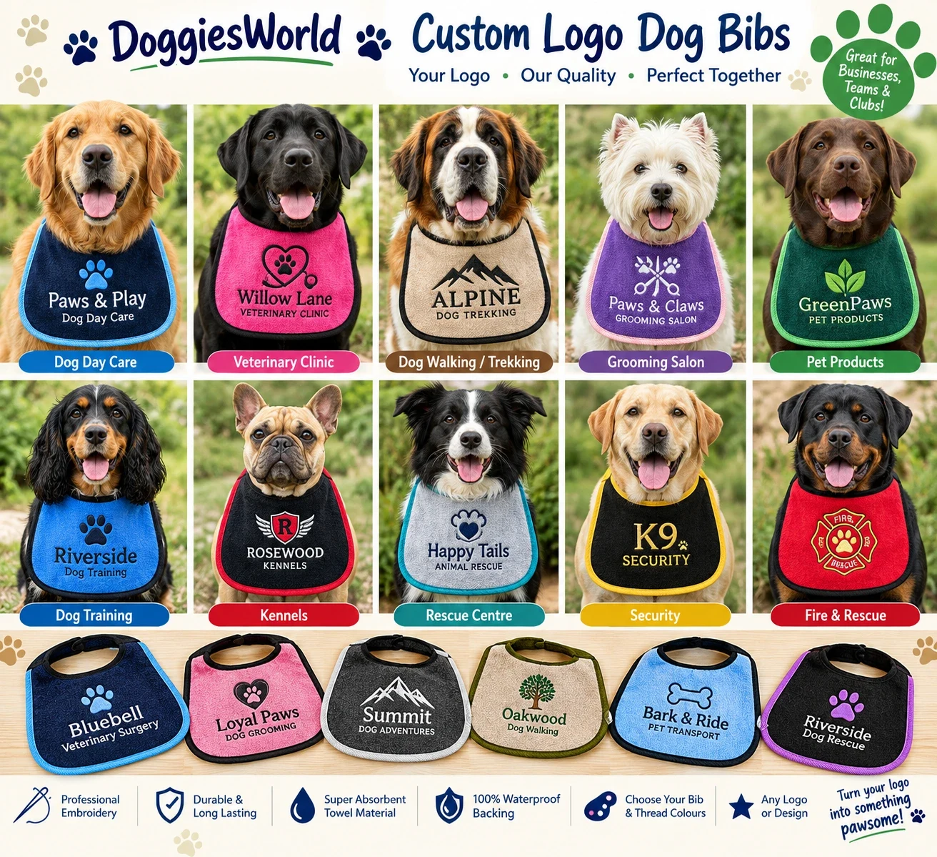 Custom logo dog bibs for day care, vets, kennels, rescue, grooming and more