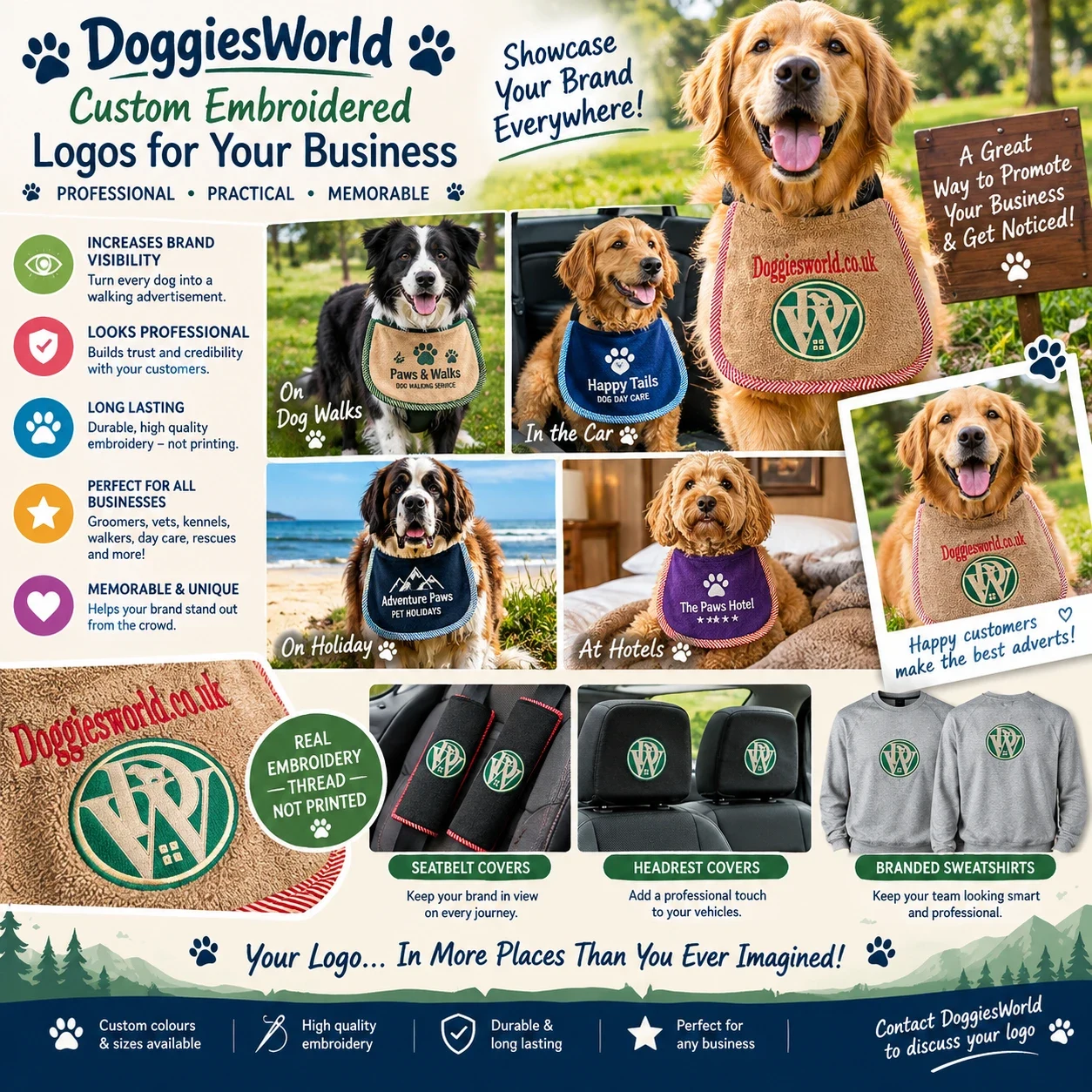 Custom embroidered logos for your business - on dog walks, in the car, on holiday and at hotels