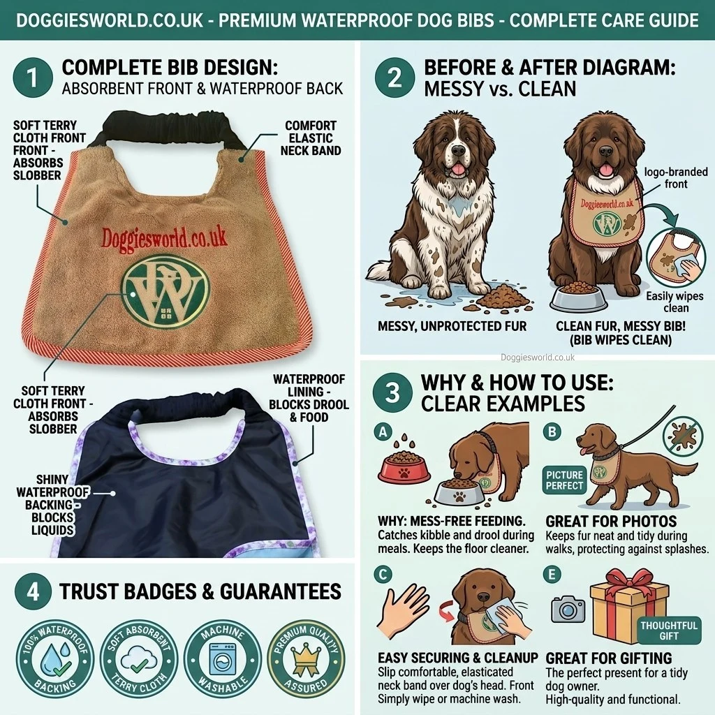 Waterproof dog bib care guide - absorbent terry front, waterproof back, easy to clean