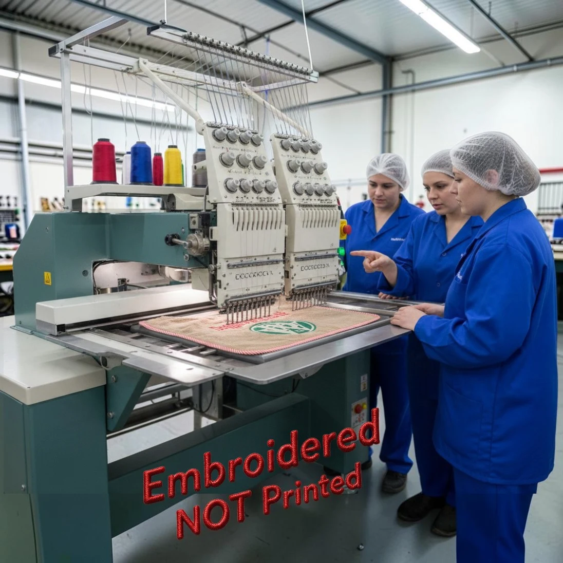 Embroidered not printed - the logo being stitched on a bib by our embroidery machine