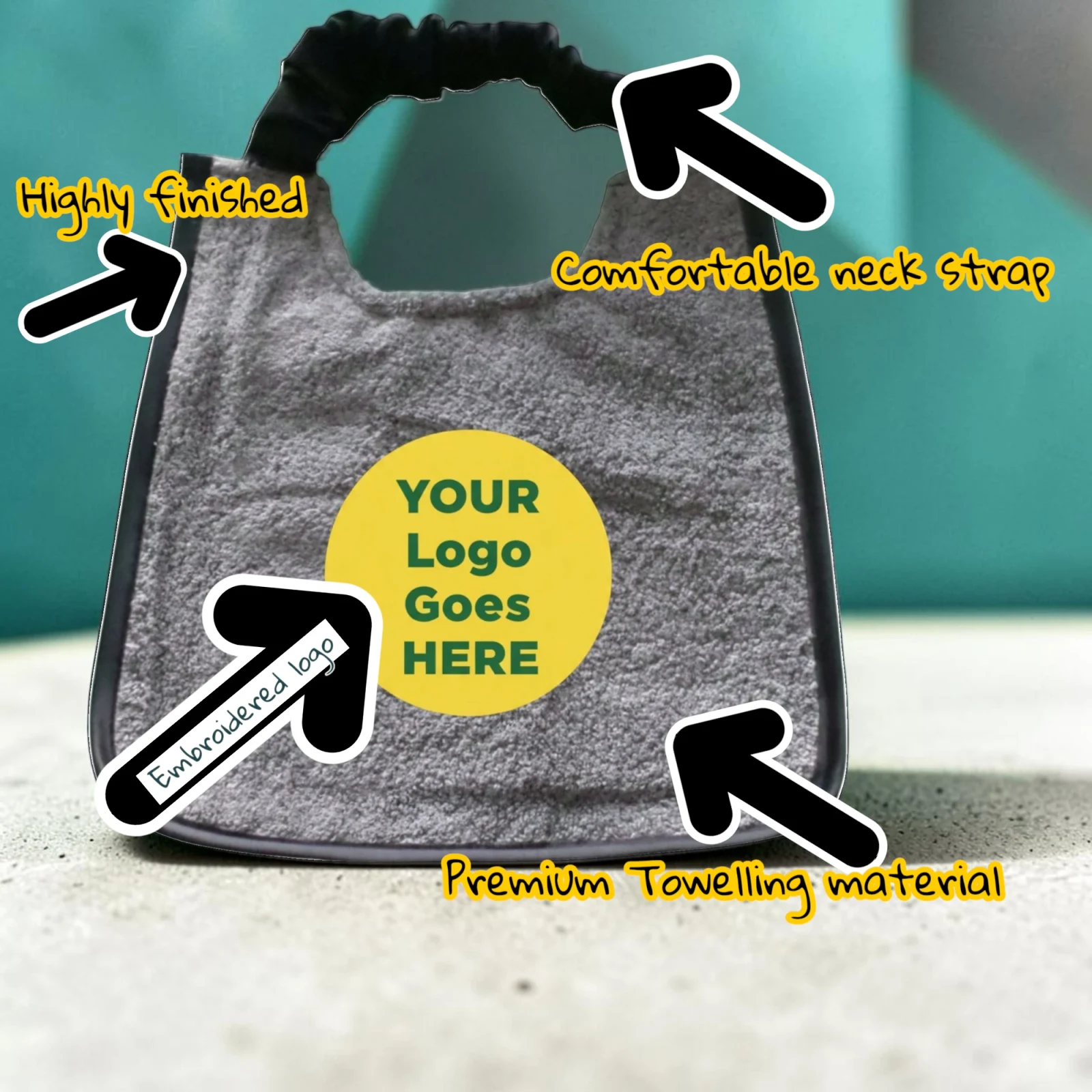 Logo bib features - highly finished, comfortable neck strap and premium towelling material
