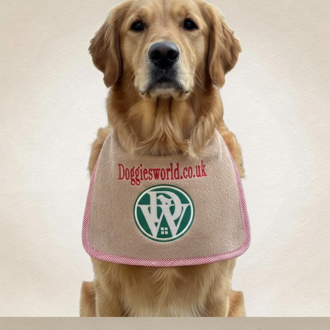 Golden retriever wearing a dog bib with an embroidered logo
