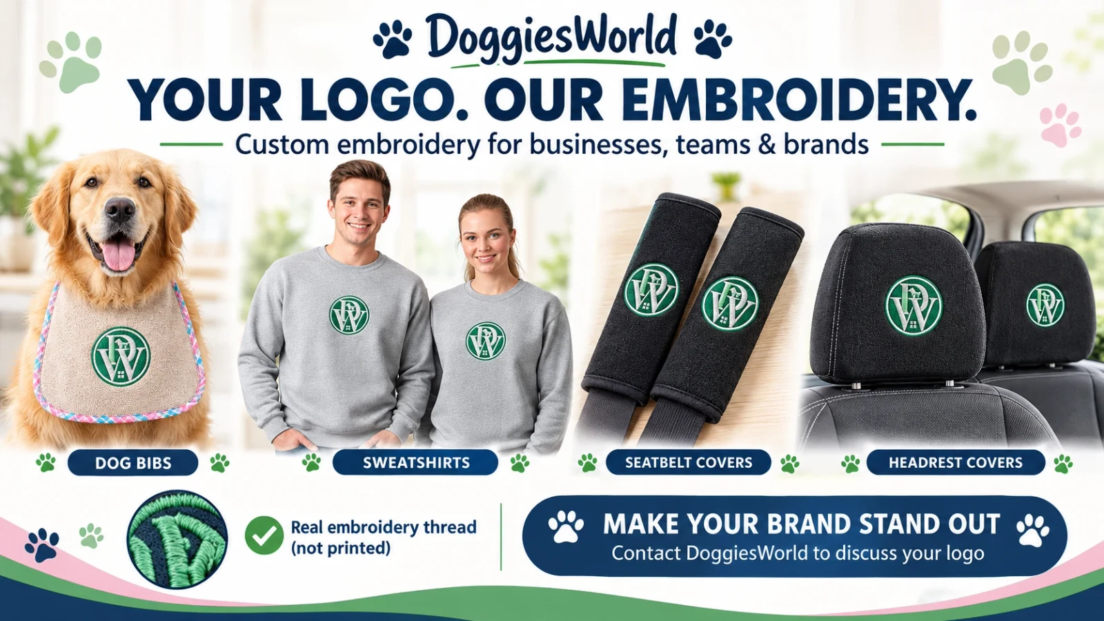 Your logo, our embroidery - custom embroidery on dog bibs, sweatshirts, seat belt covers and headrest covers