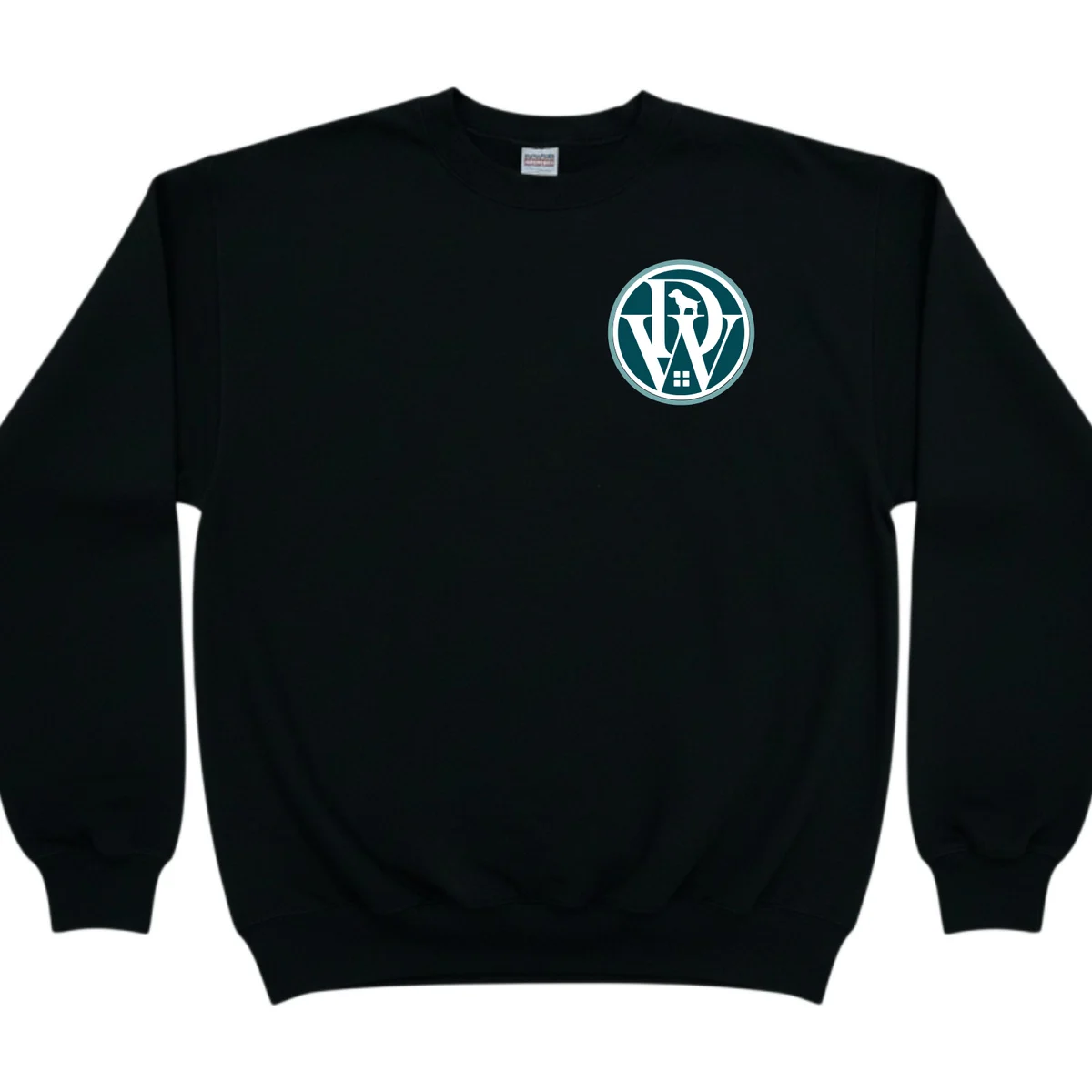 Black sweatshirt with a business logo embroidered on the chest (example shown with the DoggiesWorld logo)
