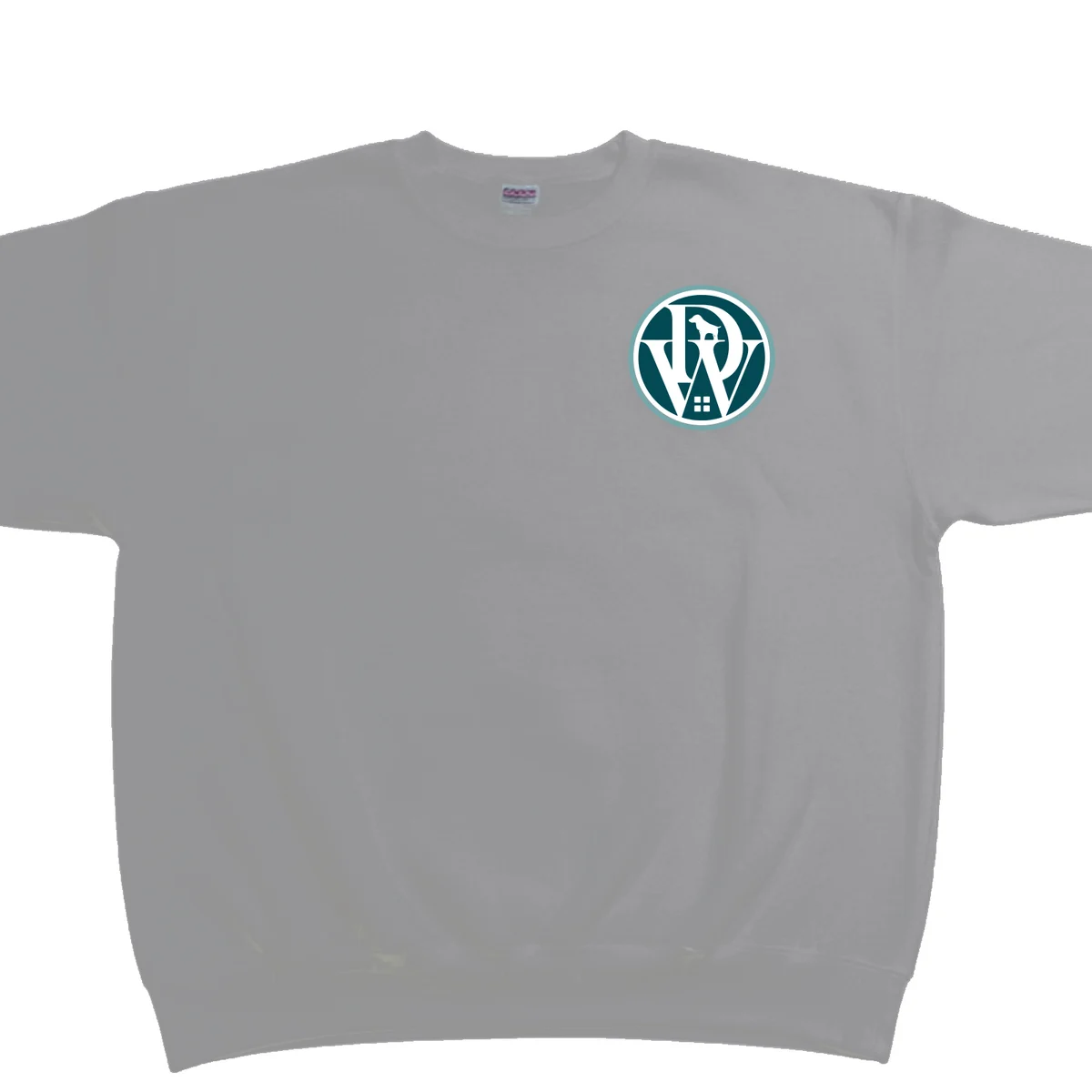 Grey sweatshirt with a business logo embroidered on the chest (example shown with the DoggiesWorld logo)
