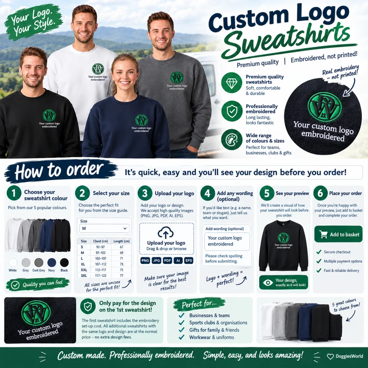 Custom logo sweatshirts – how to order, colours and sizes