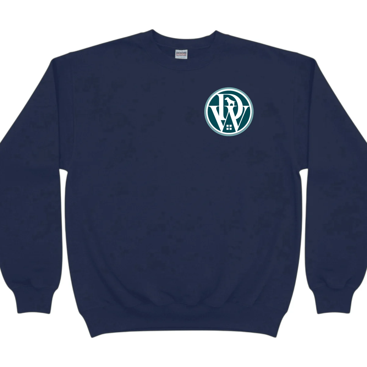 Navy blue sweatshirt with a business logo embroidered on the chest (example shown with the DoggiesWorld logo)