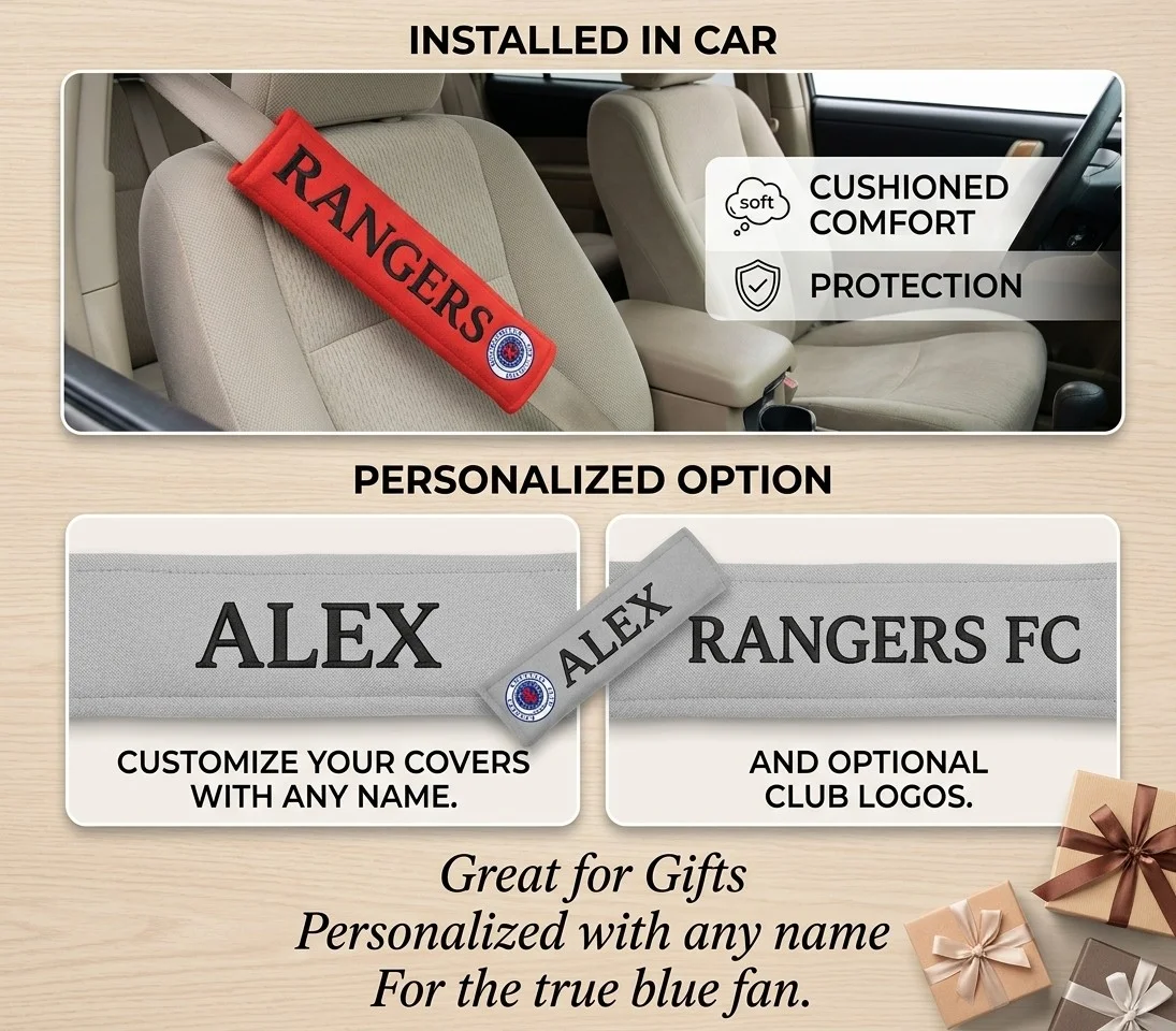 Rangers seat belt cover installed in a car, and personalised with any name