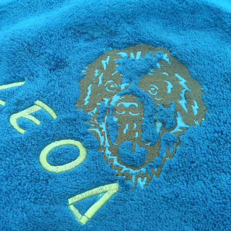 Close-up of the embroidered Saint Bernard face and name