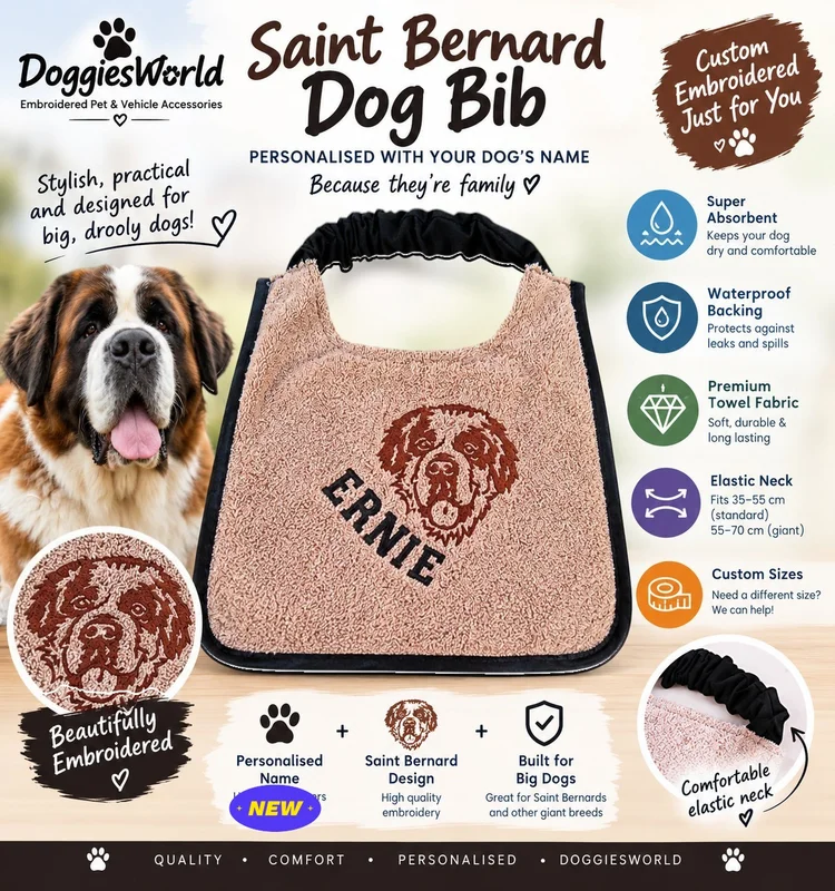 Saint Bernard dog bib personalised with your dog's name, features overview