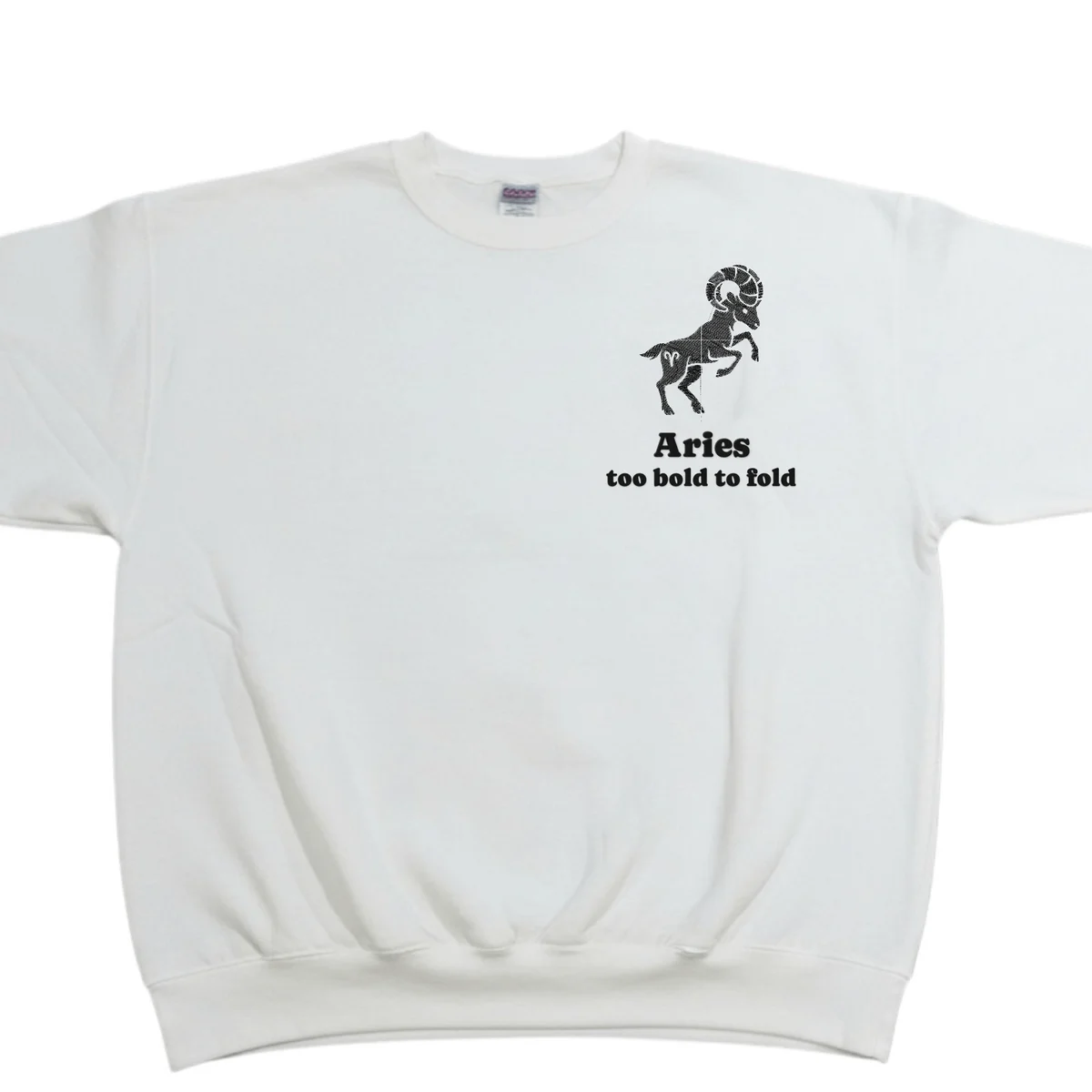 Aries zodiac sweatshirt in white with the Aries design and wording embroidered on the left chest